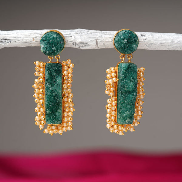 Tarini- Unpolished Stone Embellished With Mini Pearls(Green)