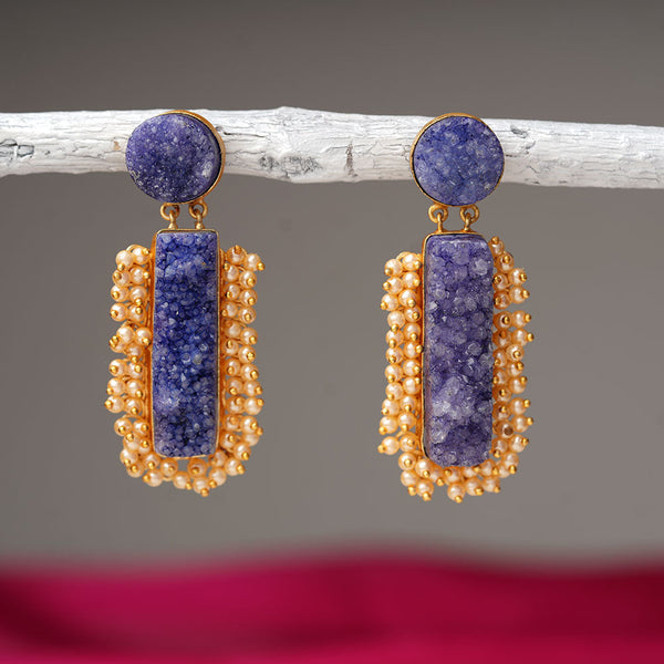 Tarini- Unpolished Stone Embellished With Mini Pearls(Blue)