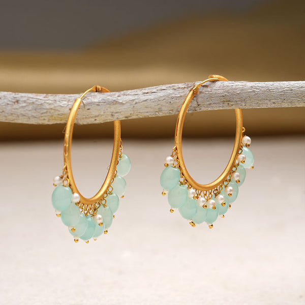 Zoya- Hanging Pearl Hoops Earrings(Pale Torquoise)