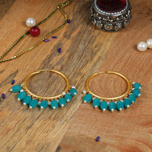 Zoya- Hanging Pearl Hoops Earrings(Aqua)