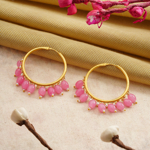 Zoya- Hanging Pearl Hoops Earrings(Pink)