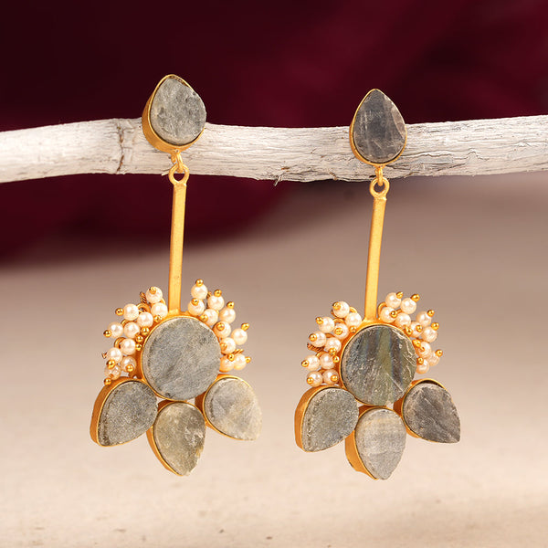 Ziyana- Stone Studded Baby Pearl Dangler Earrings(Gray)