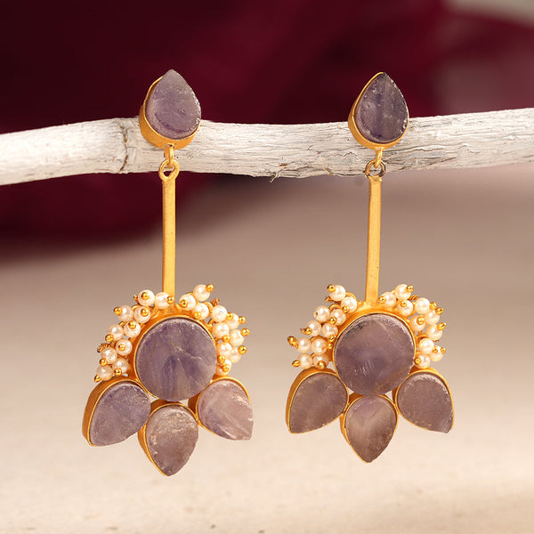 Ziyana- Stone Studded Baby Pearl Dangler Earrings(Purple)