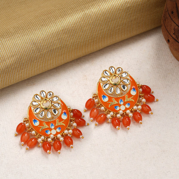 Aarvi- Stone Studded Dangler Earrings(Orange)