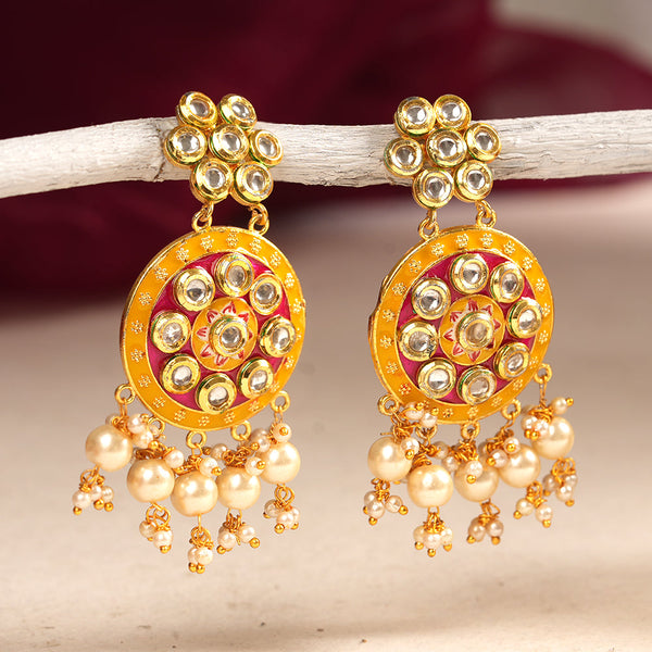 Aarya- Meenakari Work Hanging Pearl Dangler Earrings(Pink)