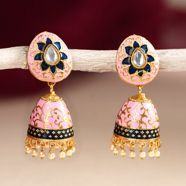 Advika- Stone Studded Hanging Pearls Jhumka Earrings(Light Pink)