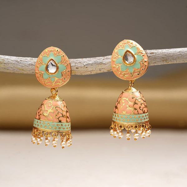 Advika- Stone Studded Hanging Pearls Jhumka Earrings(Peach Puff)