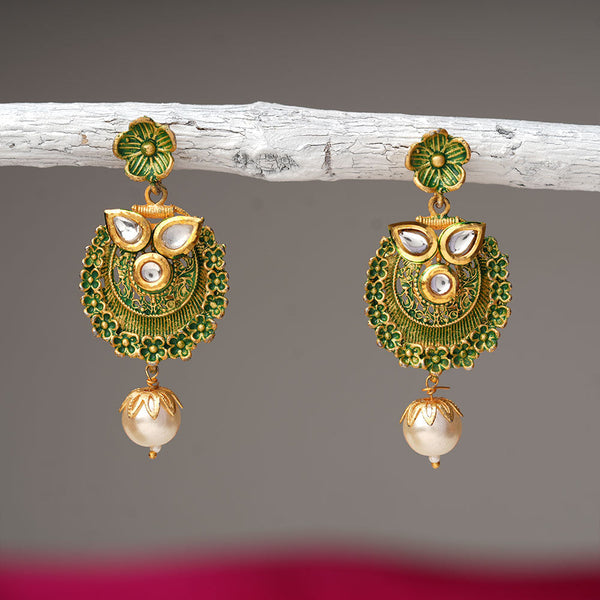 Tanirika- Stone Studded Hanging Pearl Dangler Earrings(Green)