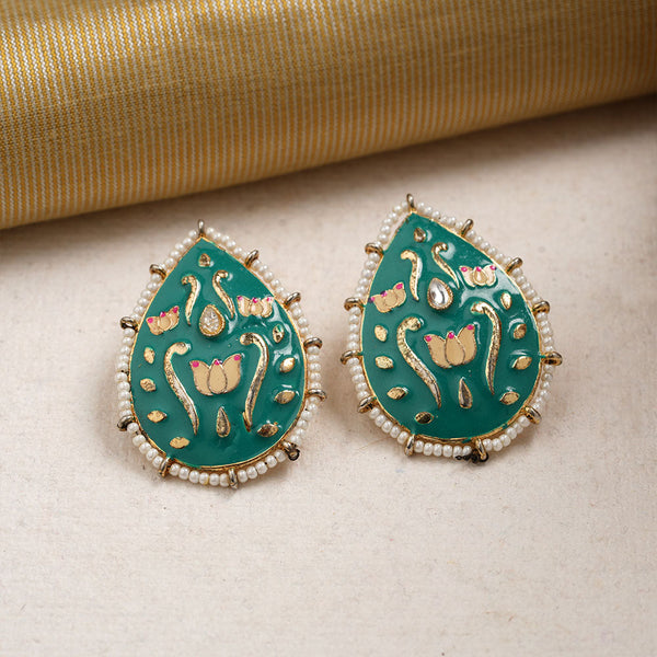 Alaya- Pearl Framed Drop Shaped Stud Earrings(Green)