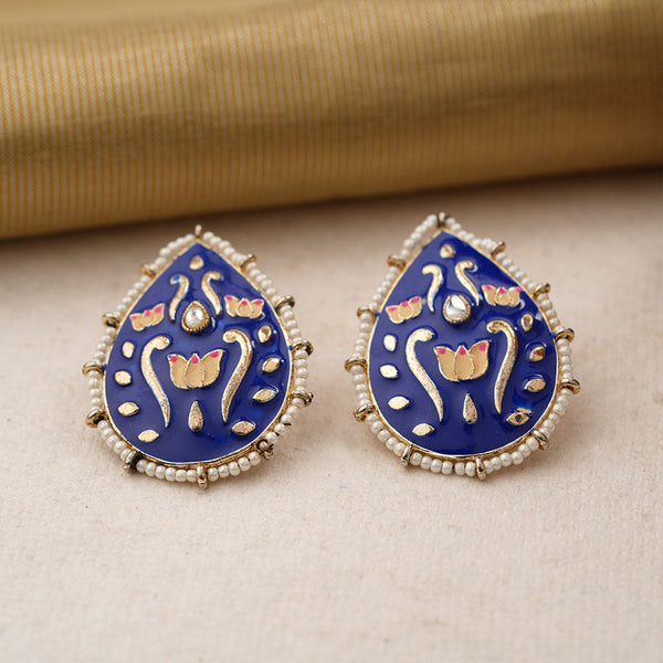 Alaya- Pearl Framed Drop Shaped Stud Earrings(Blue)