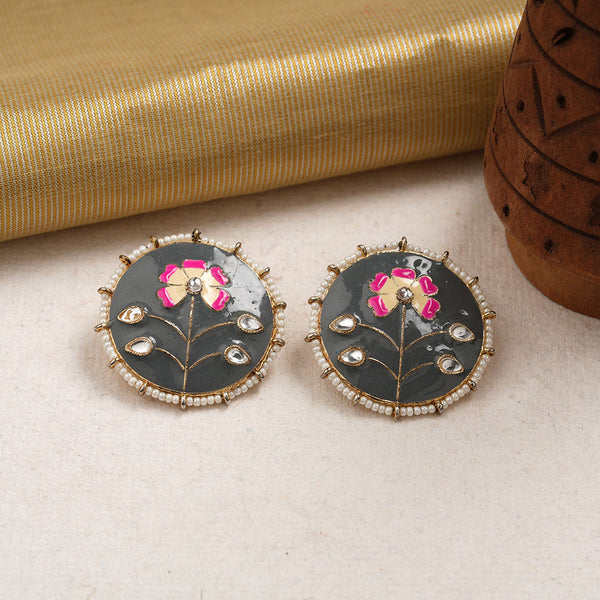 Anahita- Stone Studded Pearl Framed Stud Earrings(Gray)