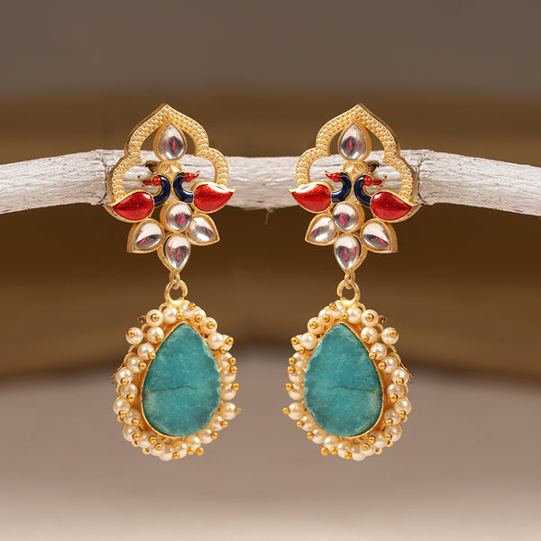 Natural stone and Kundan studded Peacock embellished brass Danglers with hanging Baby Pearls