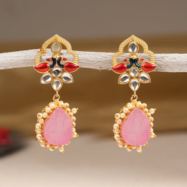 Natural stone and Kundan studded Peacock embellished brass Danglers with hanging Baby Pearls