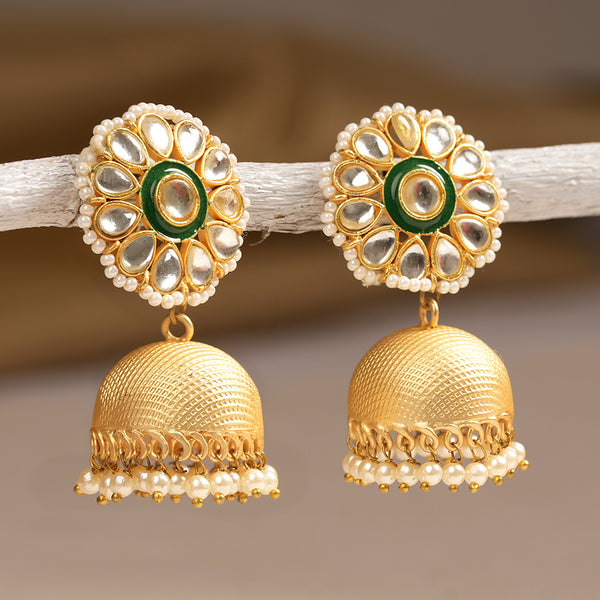Kundan studded Matt finished Brass Danglers with hanging Baby Pearls