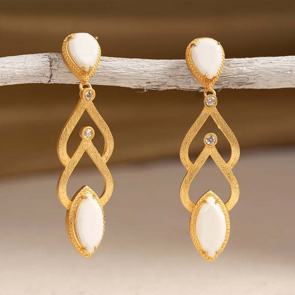 White natural stone studded Matt finished Brass Danglers