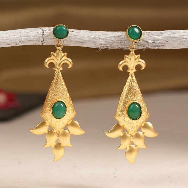 Green stone studded Matt finished Brass Danglers