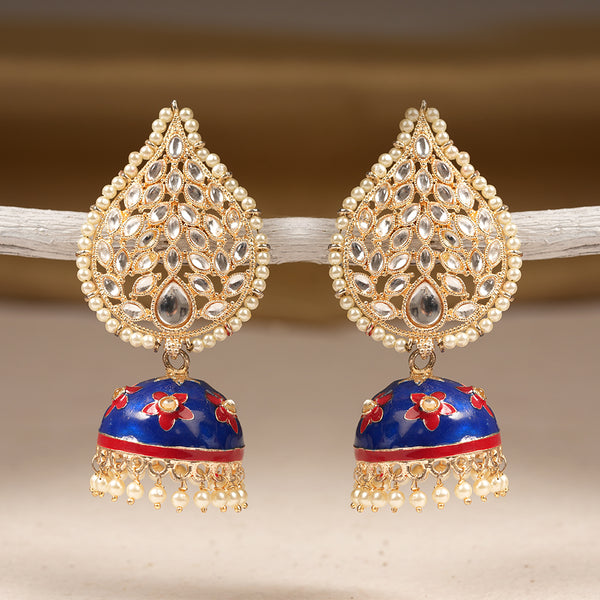 Blue drop shaped Kundan jhumka
