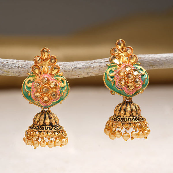 Divya- Stone Studded Hanging Pearl Jhumka Earrings (Green)