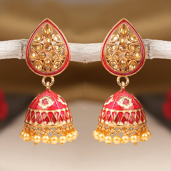 Dyuti- Stone Studded Hanging Pearl Jhumka Earrings (Red)