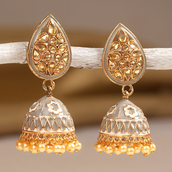 Grey enamelled drop shaped polki earrings