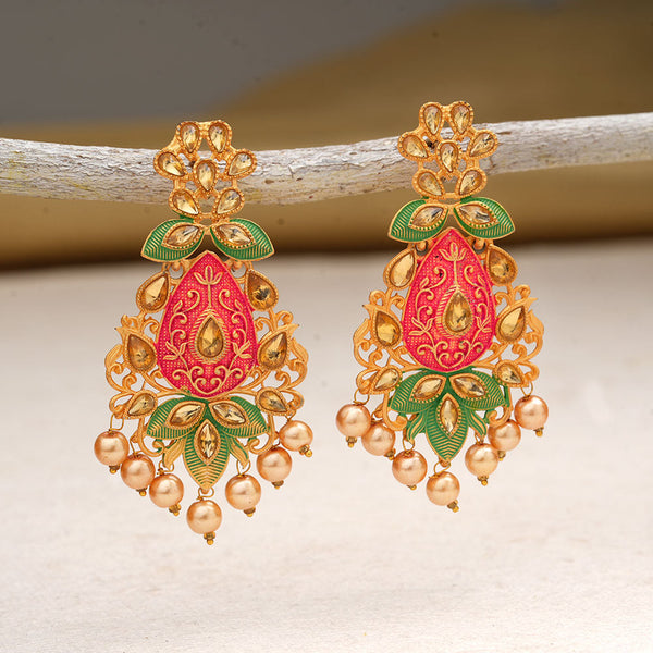 Harini- Stone Studded Hanging Pearl Dangler Earrings(Multicolored- Red and Green)