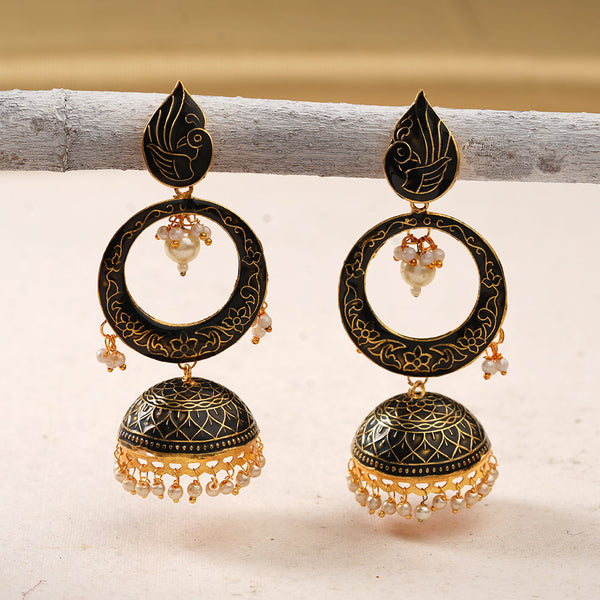 Heer- Stone Studded Hanging Pearl Jhumka Earrings (Black)