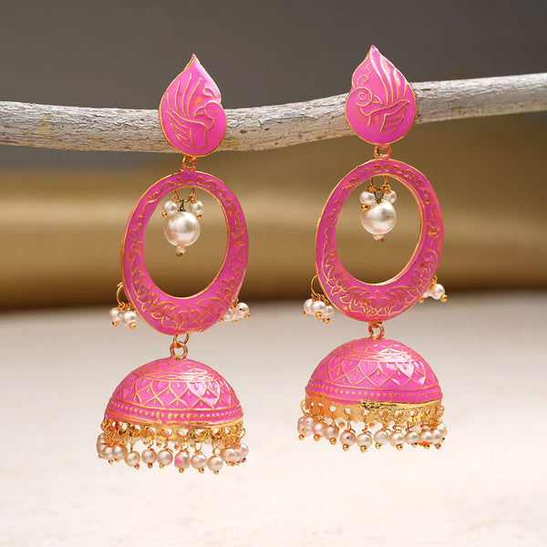 Heer- Stone Studded Hanging Pearl Jhumka Earrings (Pink)