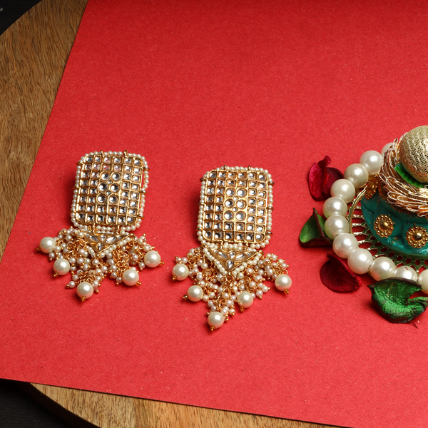 Kundan studded Rectangular Danglers with hanging Baby pearls