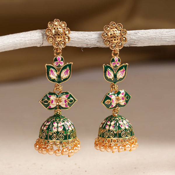 Kalika- Stone Studded Hanging Pearl Jhumki Earrings(Green)