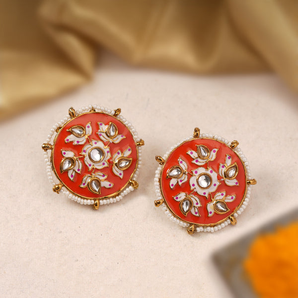 Kundan studded Red Meenakari Studs