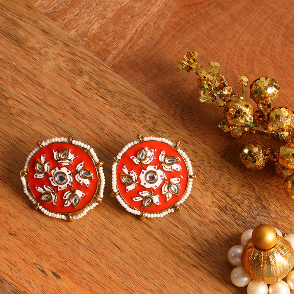 Kundan studded Red Meenakari Studs