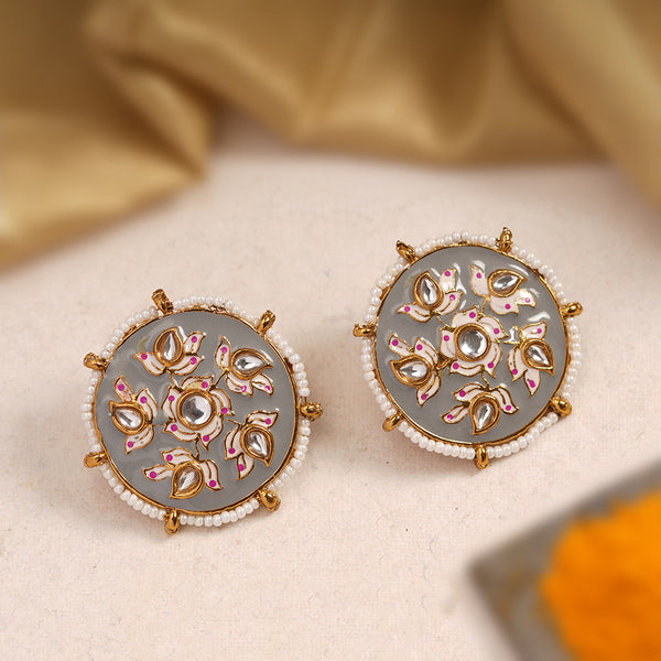 Kundan studded Grey Meenakari Studs