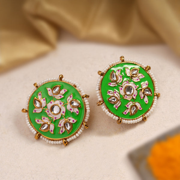 Kundan studded Green Meenakari Studs