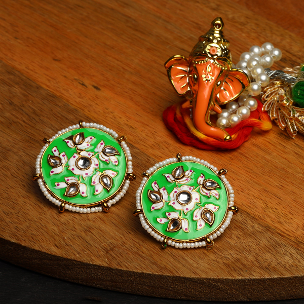 Kundan studded Green Meenakari Studs