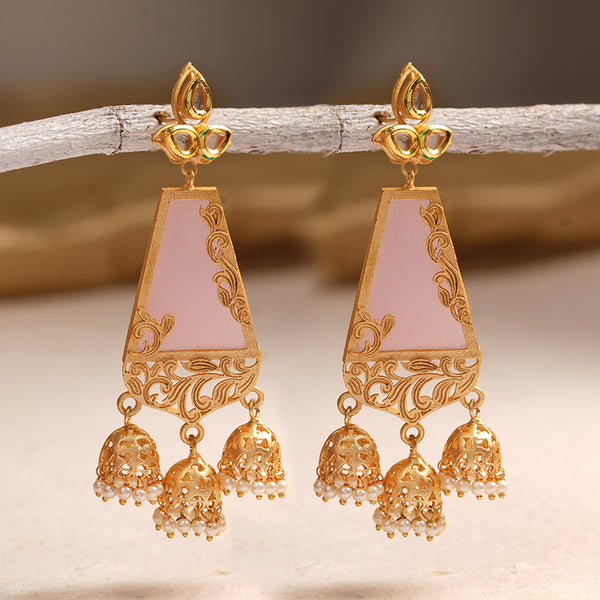 Gold hanging Earring embedded with Pink crystal