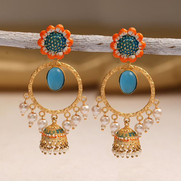 Orange And Sky Blue Matte Finished Hanging Earring