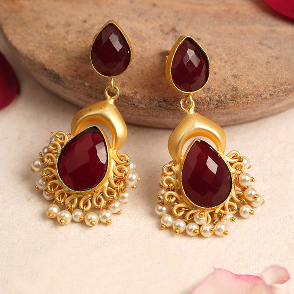 Red stone studded Matt finished Brass Danglers with hanging Baby Pearls