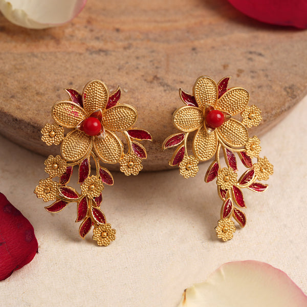 Intricate flower shaped Meenakari Brass Golden Earrings