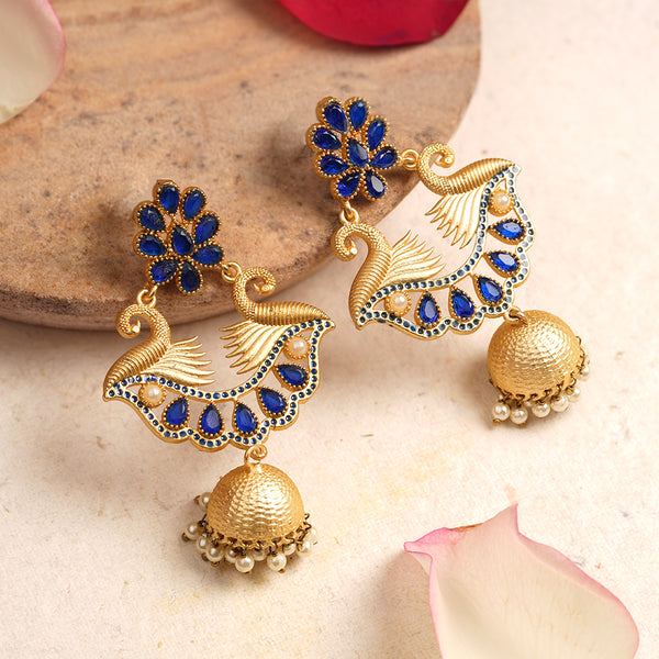Double Peacock Motif Blue stone studded Statement Danglers
