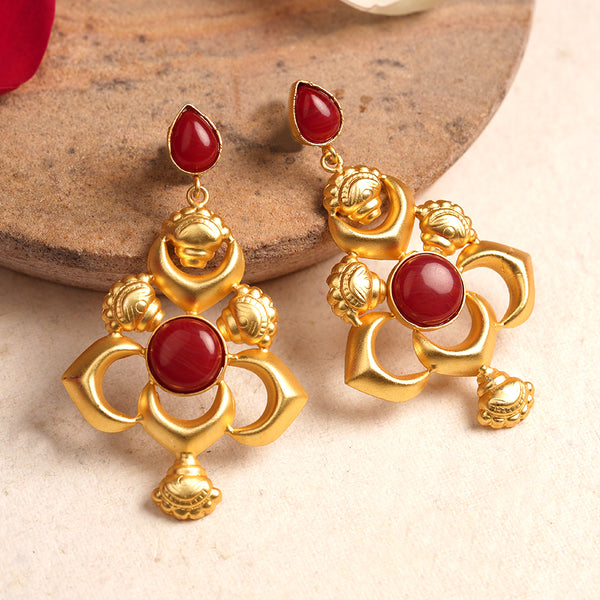 Red stone studded Matt finished Brass Danglers