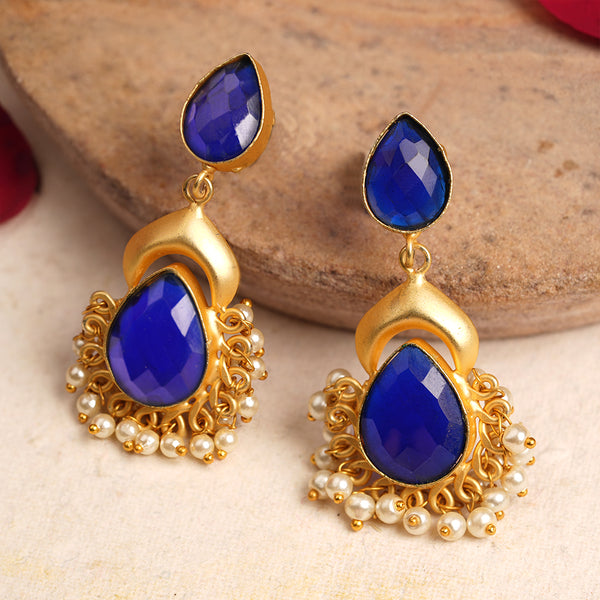 Blue stone studded Matt finished Brass Danglers with hanging Baby Pearls