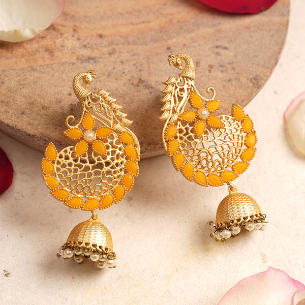 Peacock Motif Yellow stone studded Statement Danglers