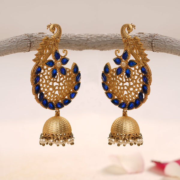 Prisha- Stone Studded Hanging Pearl Jhumki Earrings(Navy Blue)