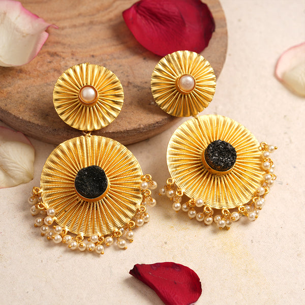 Natural Stone Studded Brass matt finished Statement Danglers