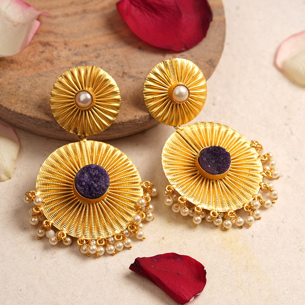 Natural Stone Studded Brass matt finished Statement Danglers