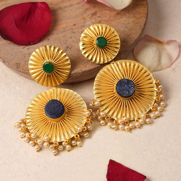 Natural Stone Studded Brass matt finished Statement Danglers