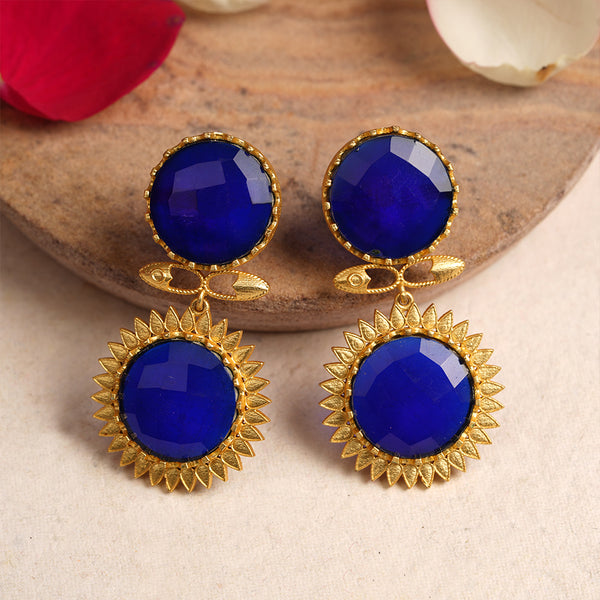 Blue stone studded Matt finished Brass Danglers