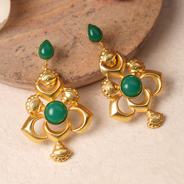Green stone studded Matt finished Brass Danglers