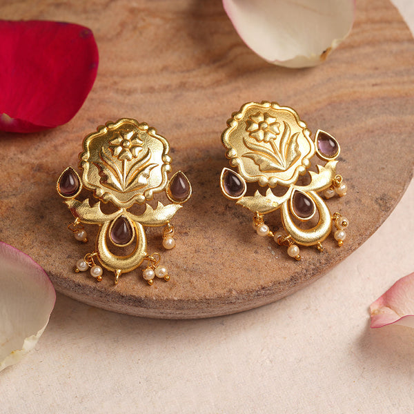 Ritika- Stone Studded Hanging Pearls Dangler Earrings(Purple)
