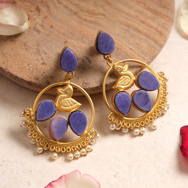 Blue natural stone studded Matt finished Brass Danglers with hanging baby pearls